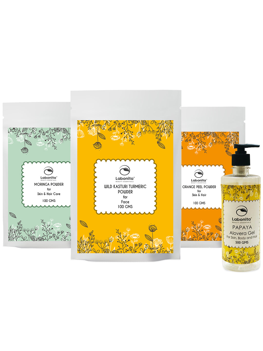 Combo Pack of Moringa, Wild Kasturi Turmeric ,Orange Peel Powder and Papaya Aloevera Gel For Pimple-Acne Free Skin