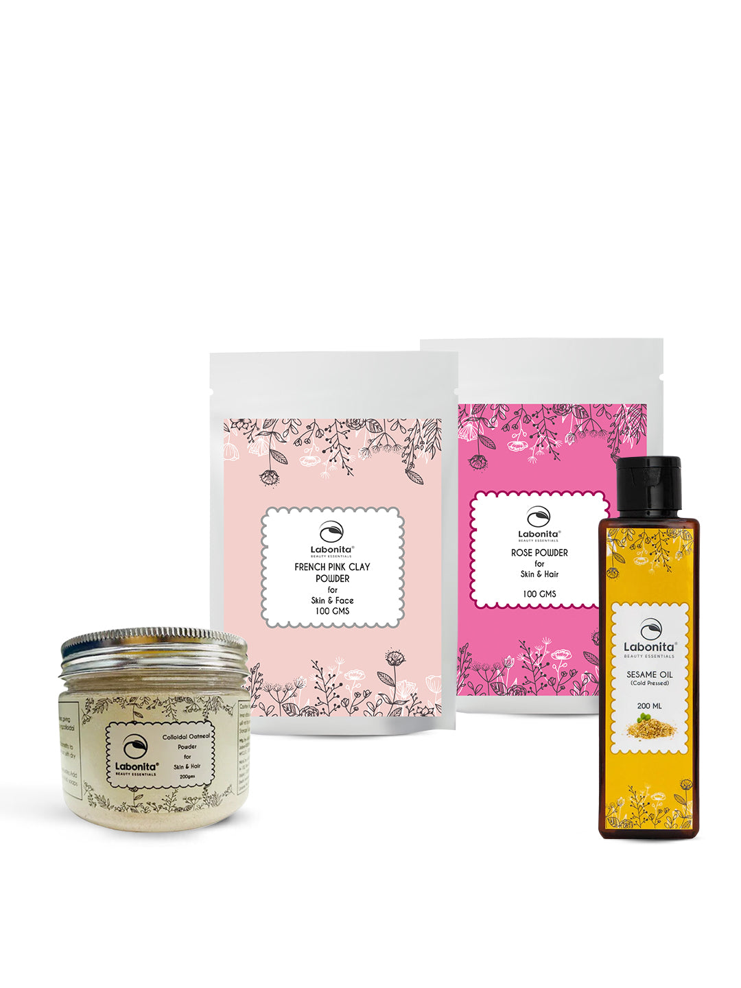 Combo Pack of Colloidal Oatmeal Powder, Rose Powder, French Pink Clay Powder & Sesame Oil