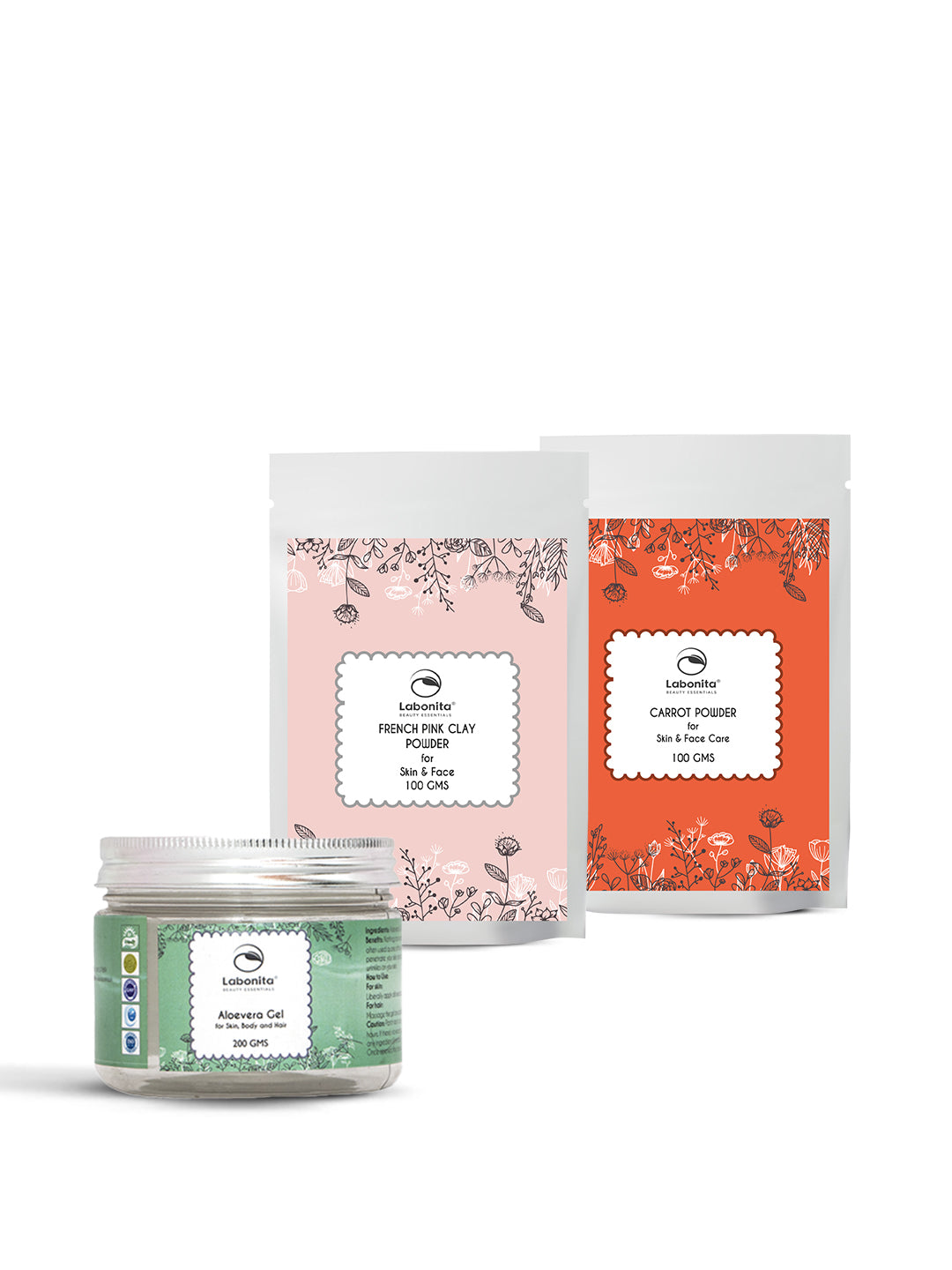 Combo Pack of Aloevera gel, French Pink Clay Powder & Carrot Powder