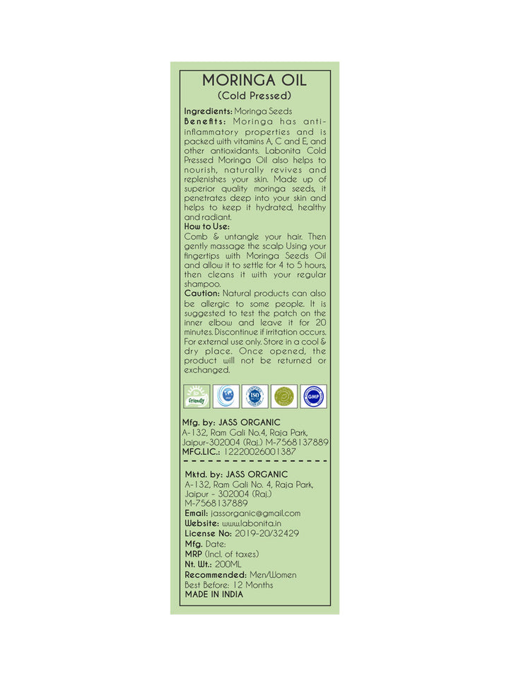 Cold Pressed Moringa Oil For Anti-pollution & Hydrating